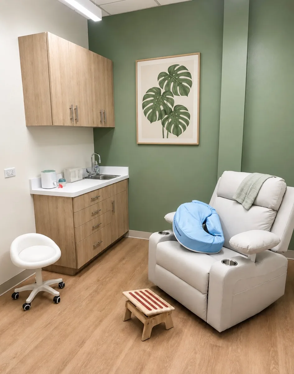 Care room with a recliner, feeding pillow, sink, and wood cabinets